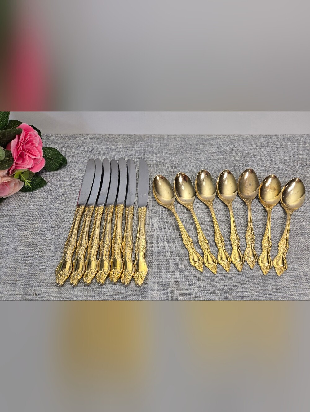 14 Pcs ROYAL SEALY 24k Gold Plated STAINLESS Steel Cutlery, Knifes, Spoons JAPAN